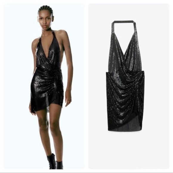 Zara Black Sequin Halter Deep Plunge Neckline Pullover Women's Mini Dress Size X - Picture 1 of 16